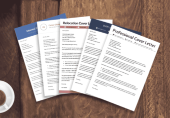 five cover letter examples stacked on pinnacle of apiece select — internal position, career change, remote, entry-level, and professional cover letter samples together