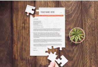 A cover letter being written by a job seeker, represented by a page being assembled using puzzle pieces at a awkward backdrop